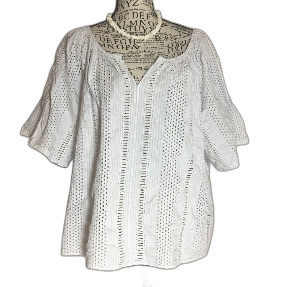 John Patrick Pima cotton blouse Eyelit lace blue white coastal grandma beachy M